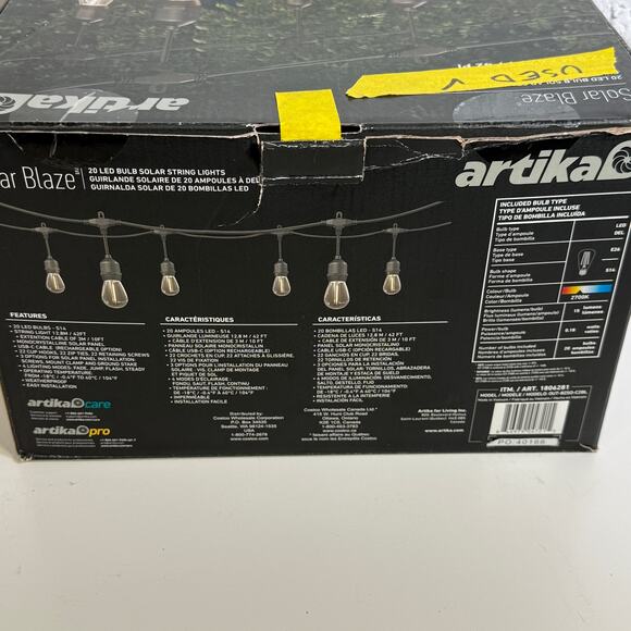 Artika Blaze 20 LED Bulb Outdoor Solar String Lights Matte Black, USED in box - Picture 6 of 12